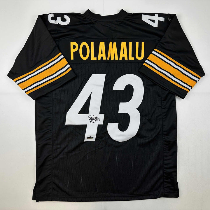 Facsimile Autographed Troy Polamalu Pittsburgh Black Laser Jersey Size Men's XL