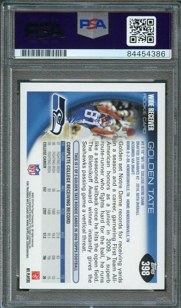 2010 TOPPS #398 GOLDEN TATE Signed Card PSA Slabbed RC Seahawks