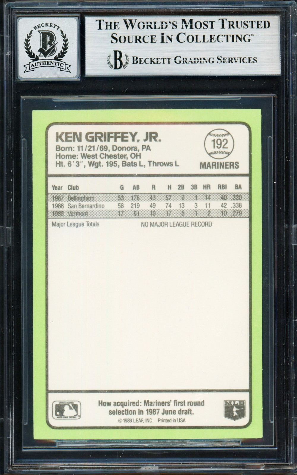 Ken Griffey Jr. Signed 1989 Donruss Baseball's Best RC #192 Mariners Auto 10