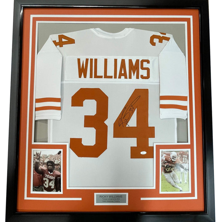Framed Autographed/Signed Ricky Williams 33x42 Texas White Jersey JSA COA Auto