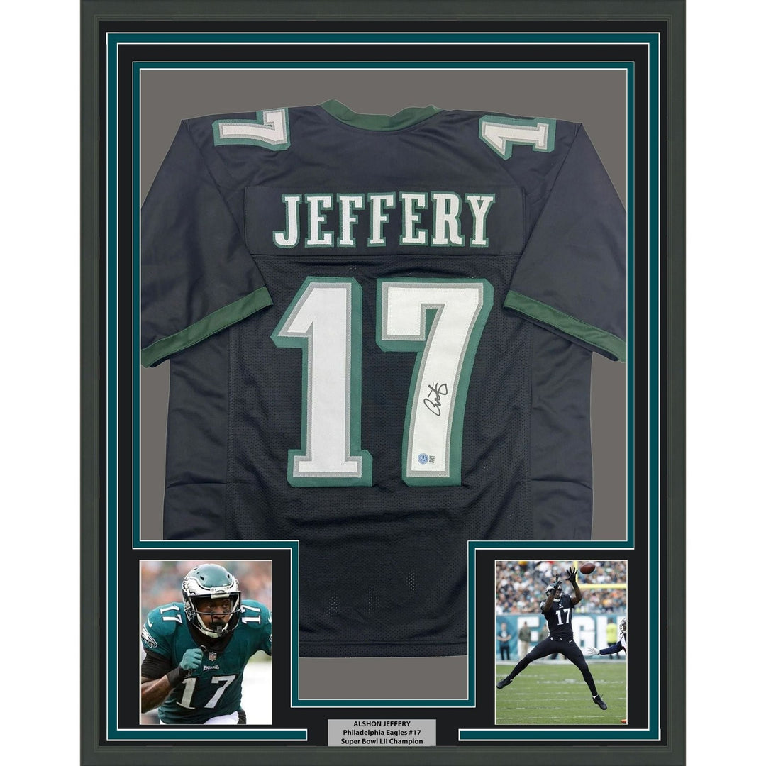Framed Autographed Alshon Jeffery 35x39 Philadelphia Black Jersey BAS COA