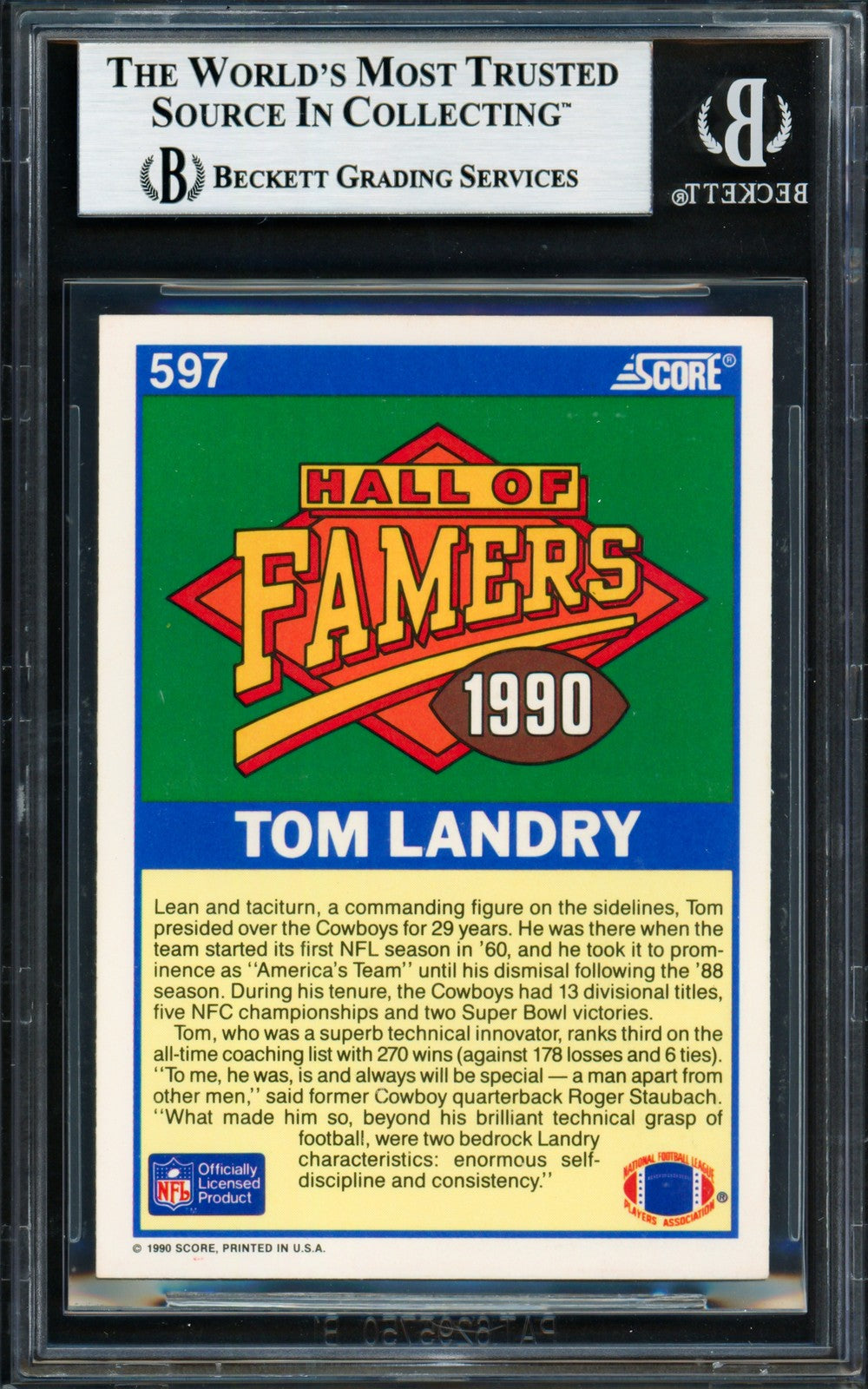 Tom Landry Signed 1990 Score Card #597 Dallas Cowboys Beckett BAS #18283485