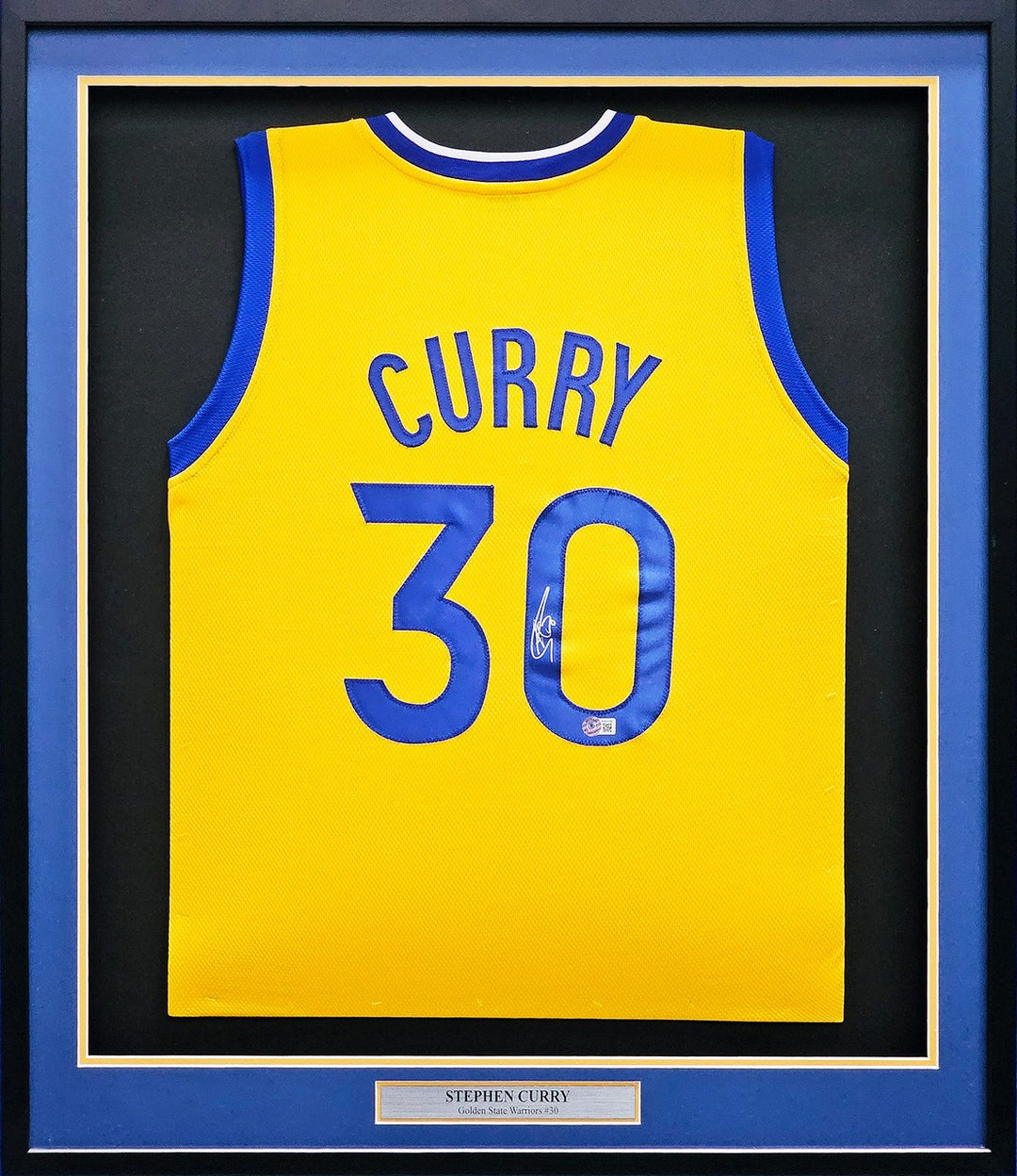 Golden State Warriors Stephen Curry Signed Framed Yellow Jersey Beckett BAS