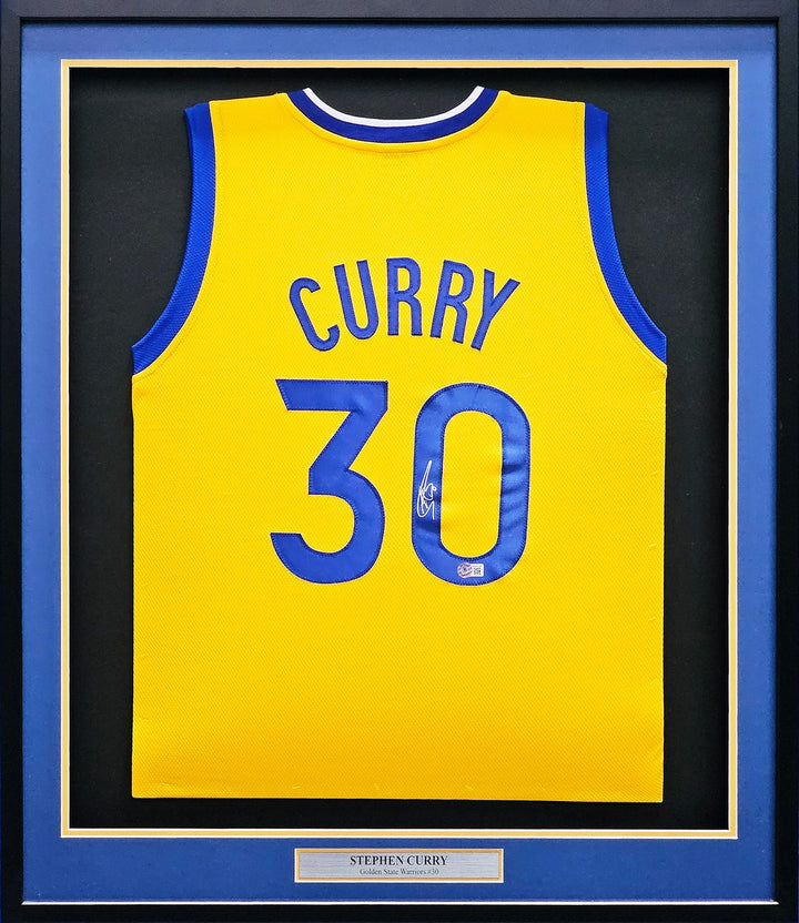 Golden State Warriors Stephen Curry Signed Framed Yellow Jersey Beckett BAS