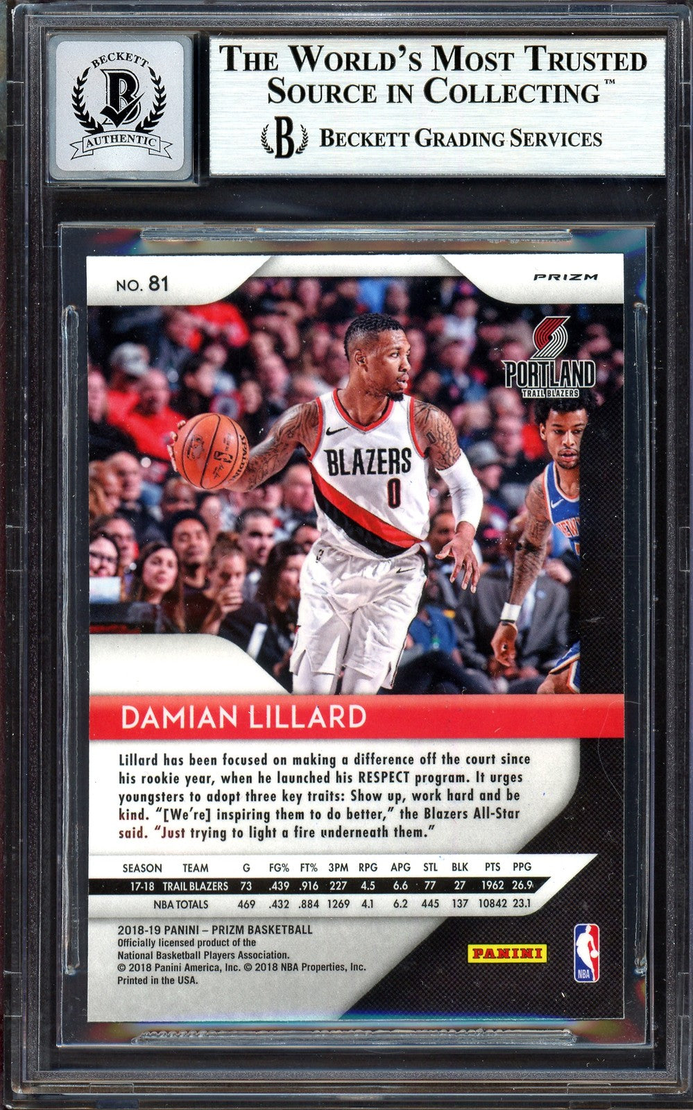 Damian Lillard Auto 2018-19 Panini Prizm Green Card 81 Blazers Sig 10 Beckett