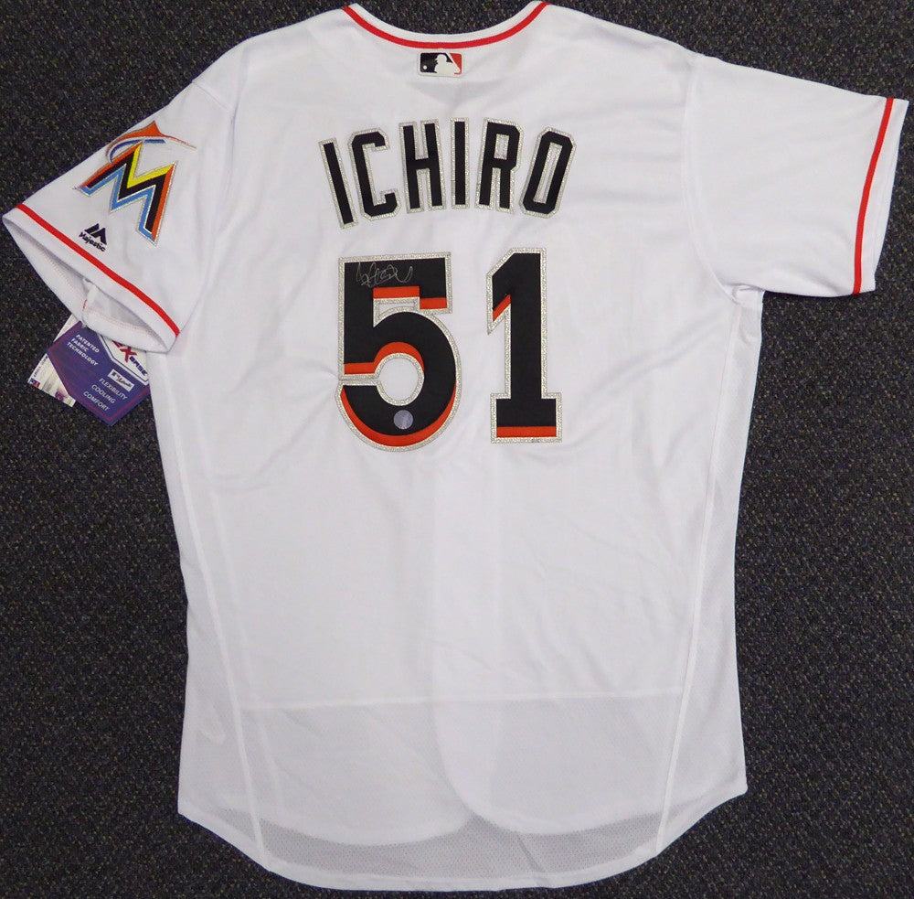 Miami Marlins Ichiro Suzuki Signed White Majestic Flex Base Jersey Size 48 IS