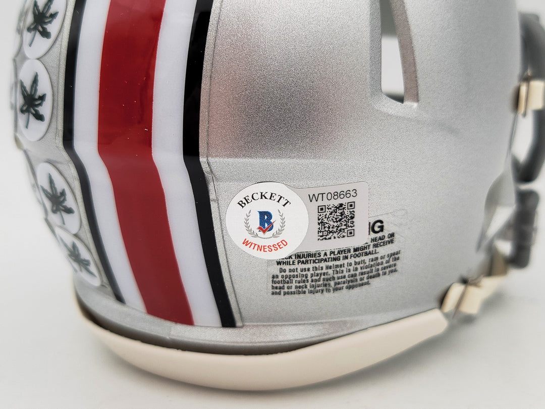 TreVeyon Henderson Signed Ohio State Buckeyes Silver Speed Mini Helmet Beckett