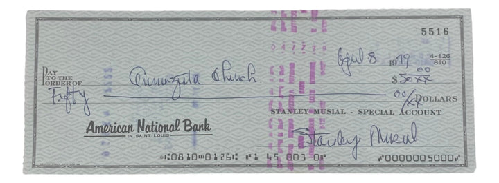 Stan Musial St. Louis Cardinals Signed  Bank Check #5516 BAS