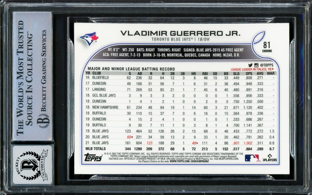 Vladimir Guerrero Jr. Auto 2022 Topps Chrome Card 81 Blue Jays Auto 10 Beckett