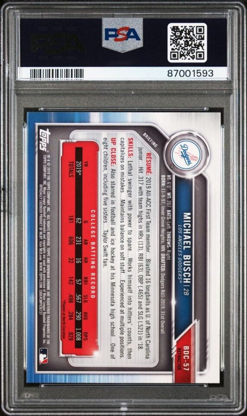 Graded 2019 Bowman Draft Michael Busch #BDC57 Chrome REF RC Baseball Card PSA 10