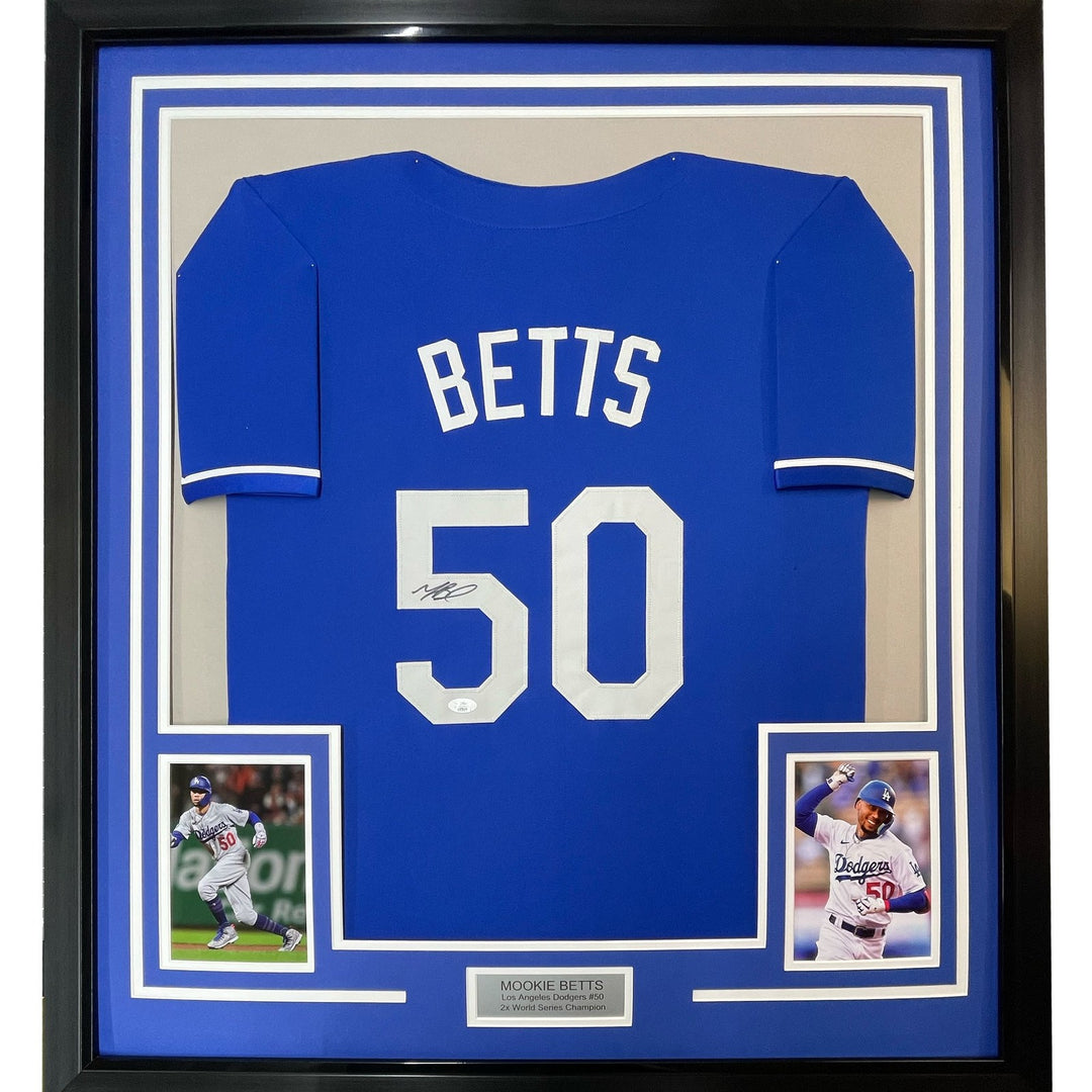 Framed Signed Mookie Betts 35x39 Los Angeles LA Blue Jersey JSA COA