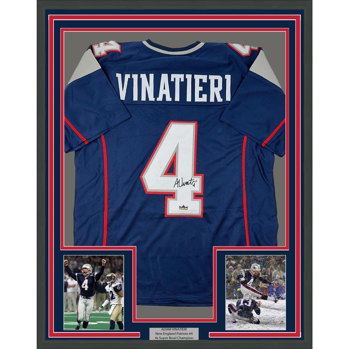 Framed Facsimile Autographed Adam Vinatieri 35x39 New England Reprint Jersey