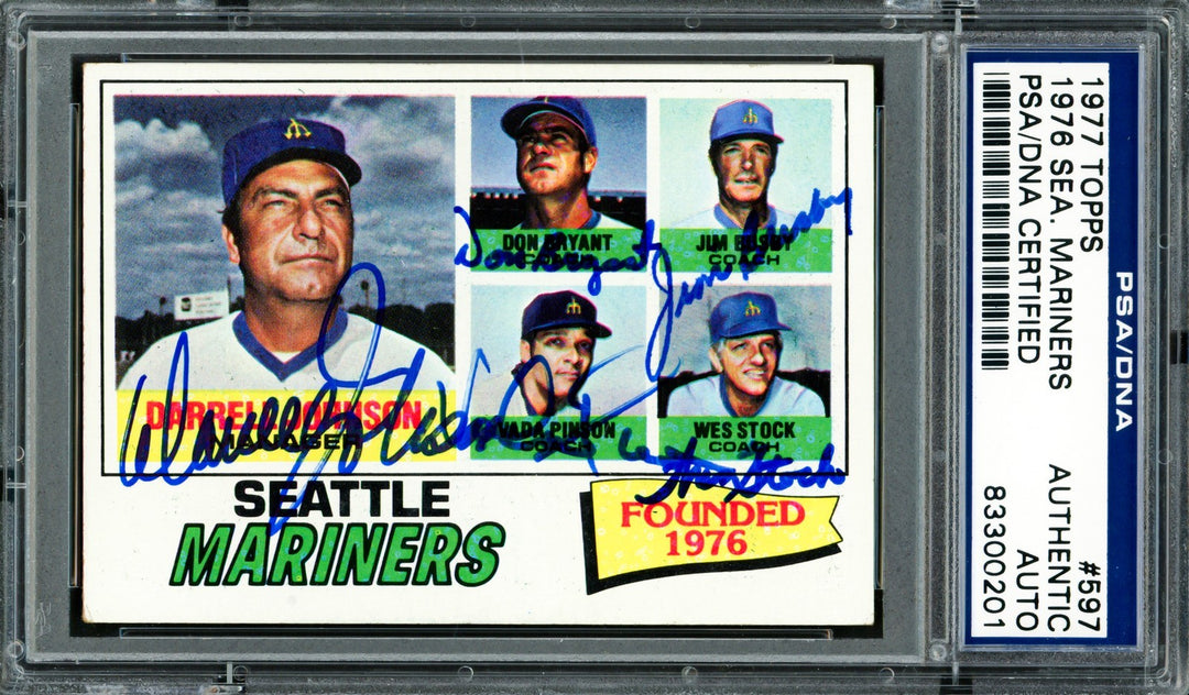 Mariner Coaches Auto 1977 Topps Card 597 Mariners Auto By All 5 PSA/DNA 83300201