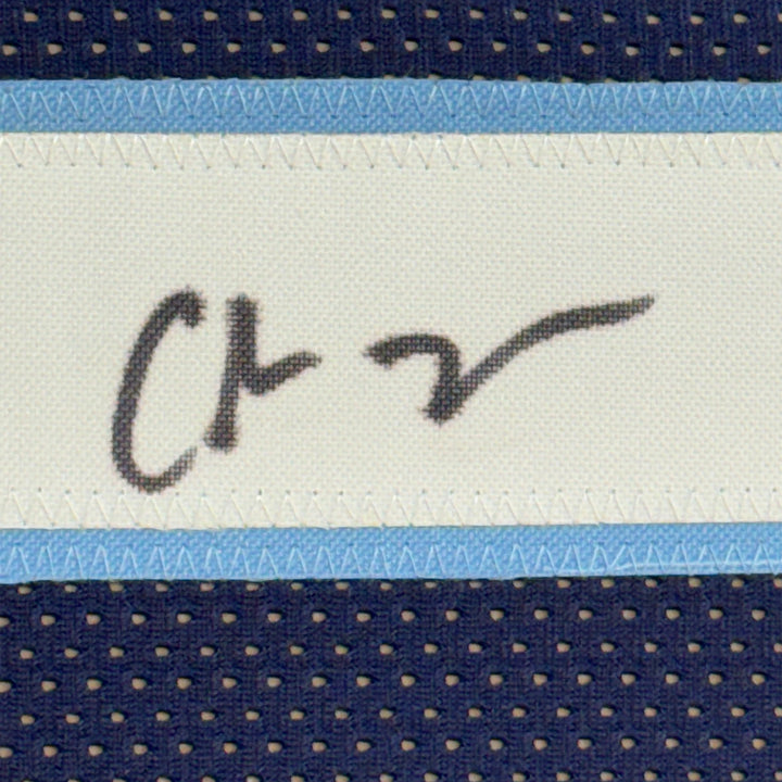 FRAMED Autographed/Signed CHRIS JOHNSON 33x42 Tennessee Dark Blue Jersey JSA COA