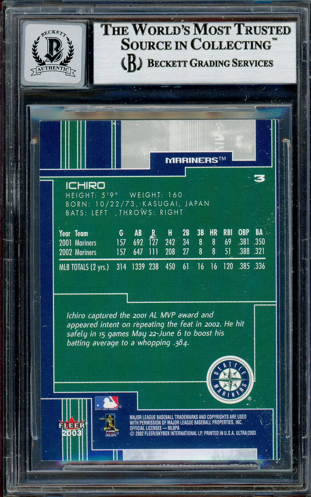 Ichiro Suzuki Auto 2003 Fleer Ultra Card 3 Mariners Auto GM 10 Beckett #12786373