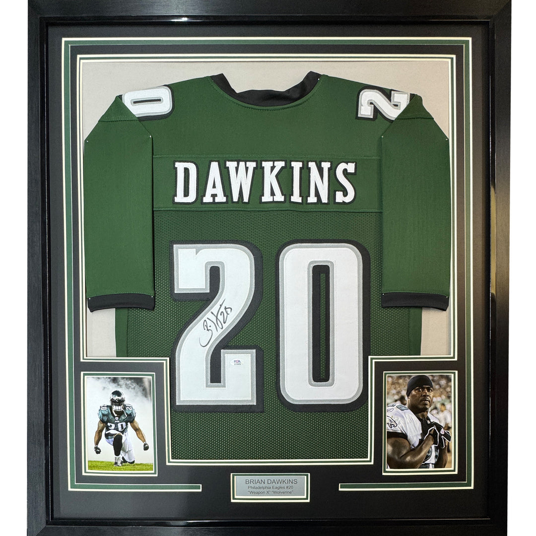 FRAMED Autographed/Signed BRIAN DAWKINS 33x42 Philadelphia Green Jersey JSA COA