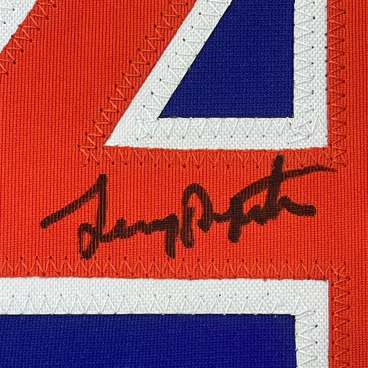 Framed Autographed/Signed Lenny Dykstra 35x39 New York Blue Jersey JSA
