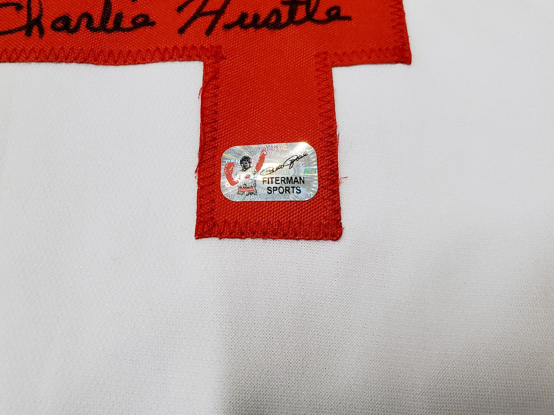 Cincinnati Reds Pete Rose Signed White Jersey "Charlie Hustle" PR Holo