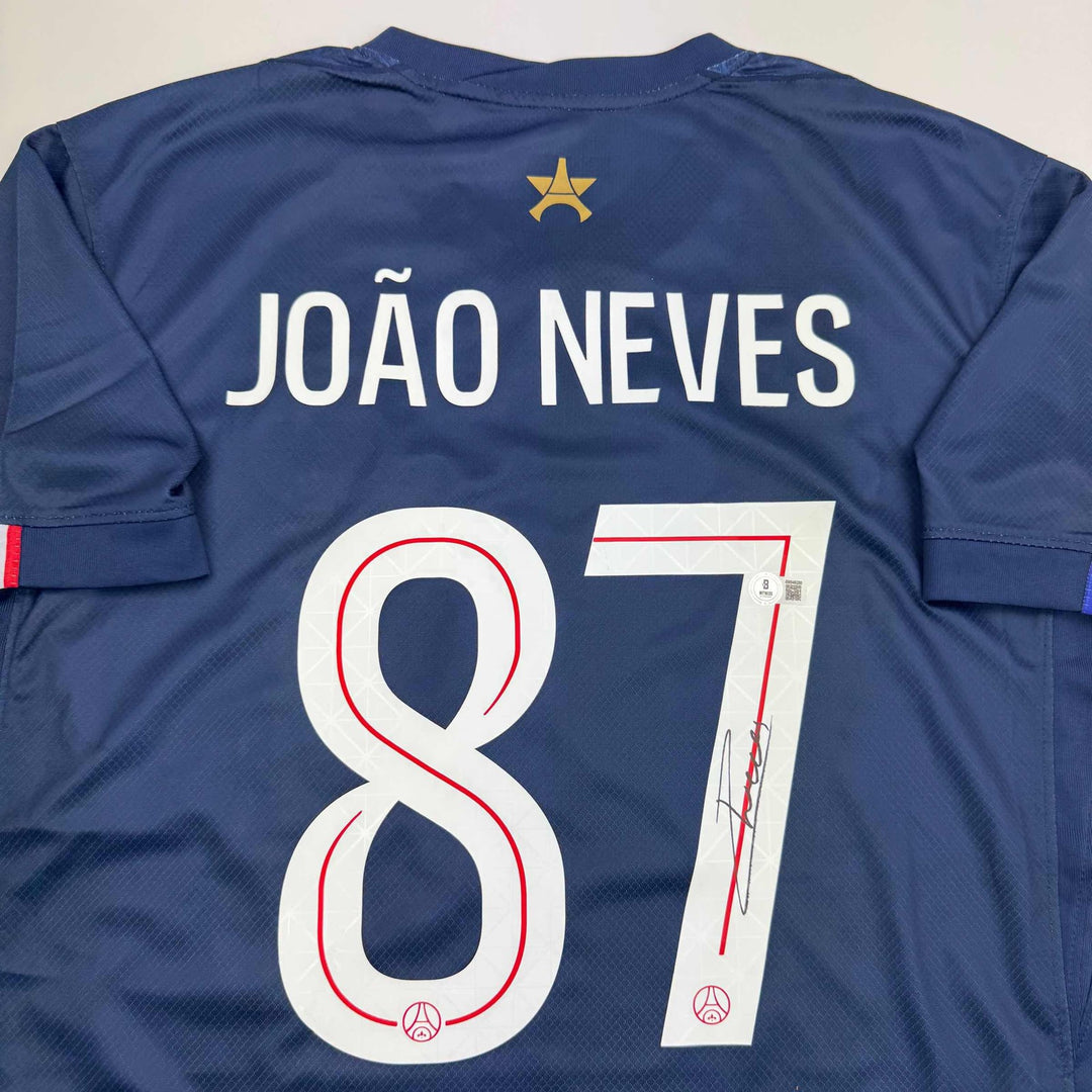 Autographed/Signed Joao Neves PSG Paris Saint Germain Blue Jersey Beckett COA