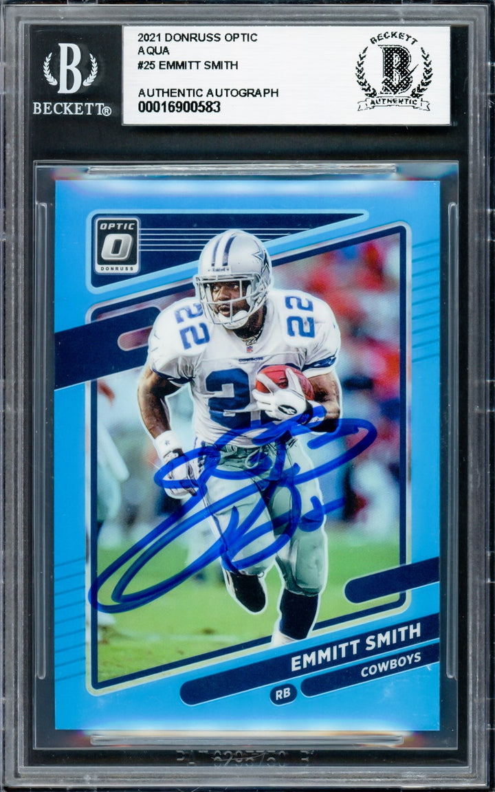 Emmitt Smith Signed 2021 Donruss Optic Aqua Card 25 Dallas Cowboys #/299 Beckett
