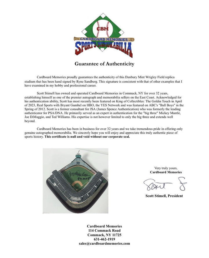 Ryne Sandberg Signed Danbury Mint Wrigley Field Stadium 84 MVP Auto Cubs COA HOF