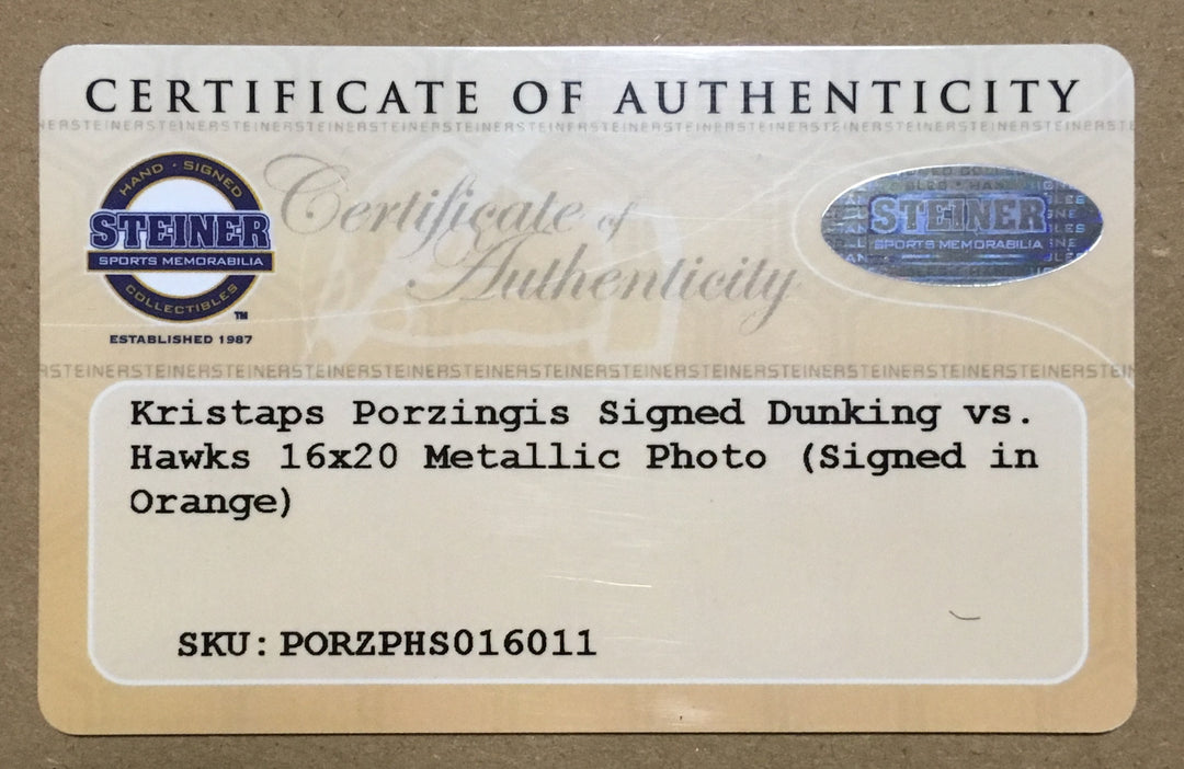 Kristaps Porzingis Knicks signed 16x20 dunk photo framed orange auto Steiner Coa