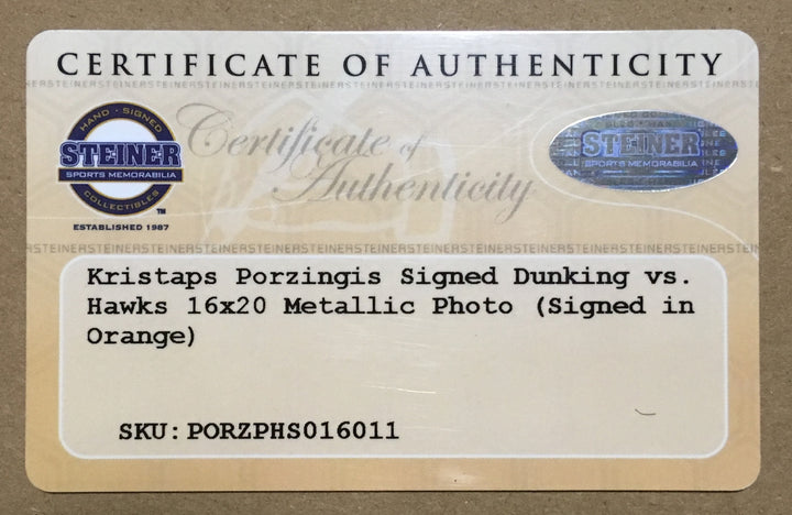 Kristaps Porzingis Knicks signed 16x20 dunk photo framed orange auto Steiner Coa