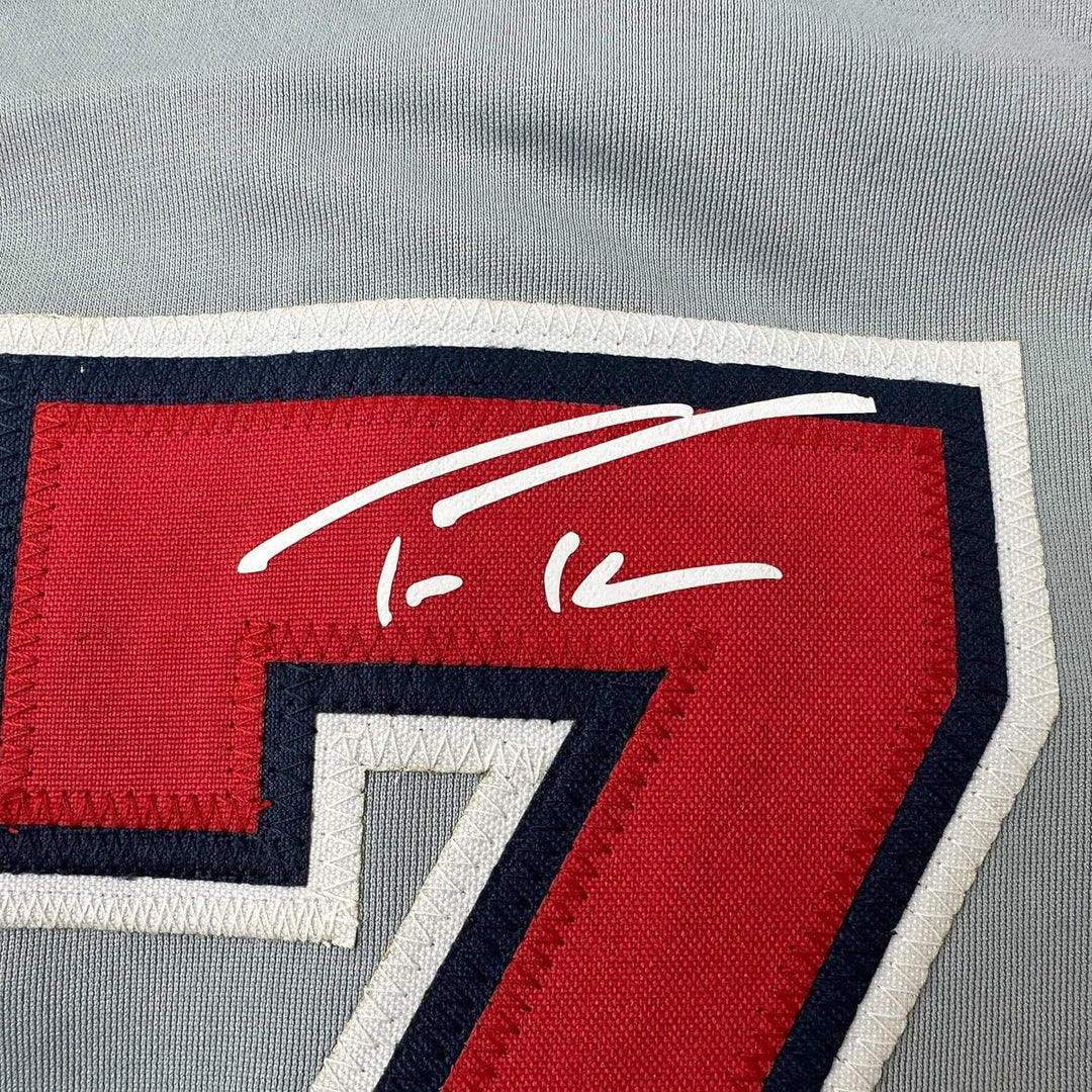Framed Facsimile Autographed Trea Turner 33x42 Grey Reprint Laser Auto Jersey