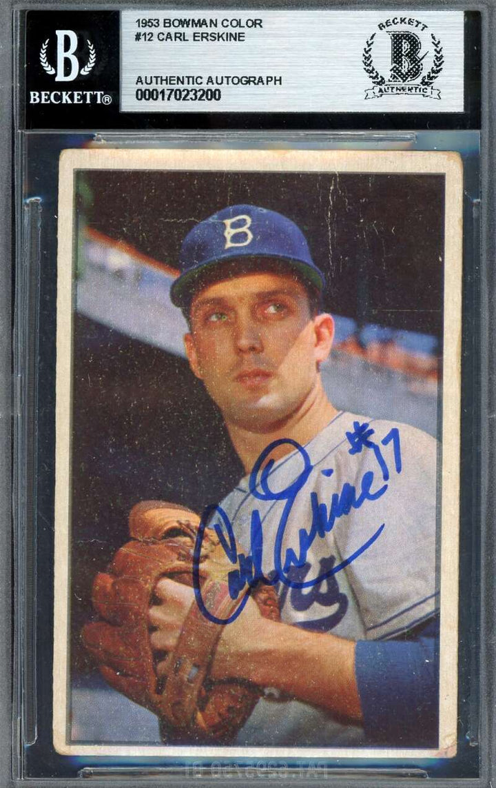 Carl Erskine Beckett BAS Signed 1953 Bowman Color Autograph