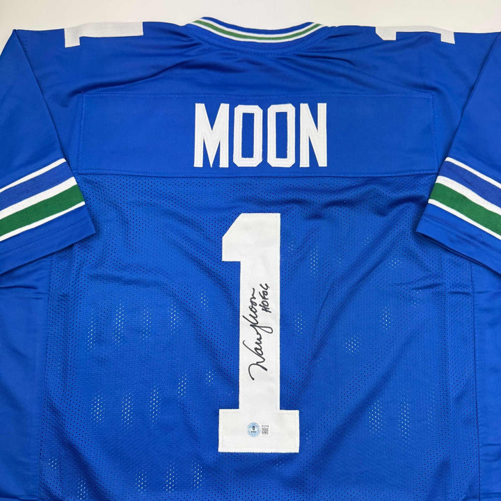 Autographed/Signed Warren Moon HOF 06 Seattle Blue Retro Jersey Beckett COA