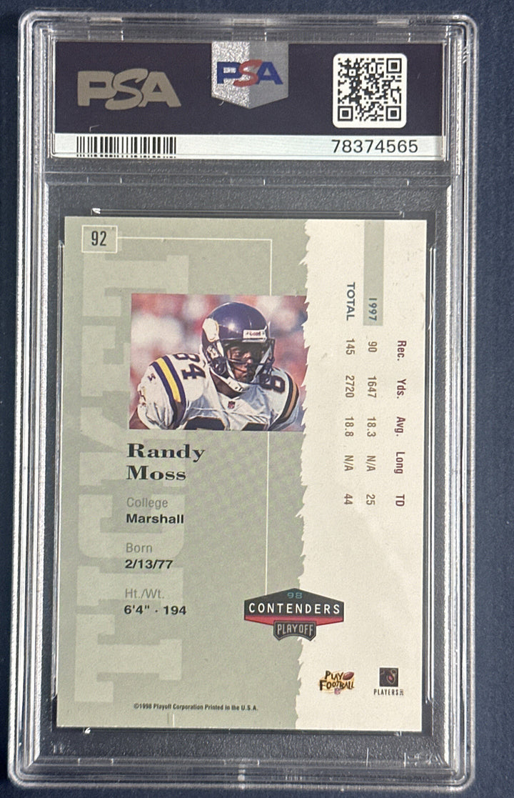 1998 Playoff Contenders Randy Moss ROOKIE RC #92 PSA 7 Auto RARE Vikings Hof