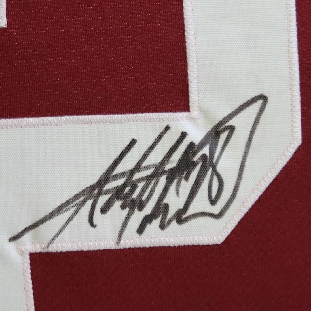 Framed Autographed/Signed Adrian Peterson 33x42 Oklahoma Maroon Jersey JSA COA
