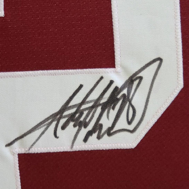 Framed Autographed/Signed Adrian Peterson 33x42 Oklahoma Maroon Jersey JSA COA