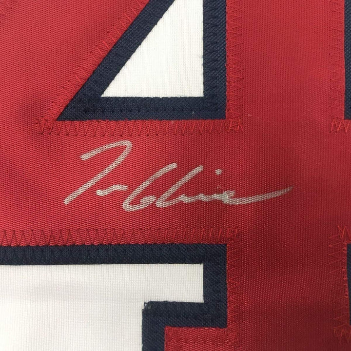 Framed Autographed/Signed Tom Glavine 35x39 Atlanta White Stat Jersey JSA COA