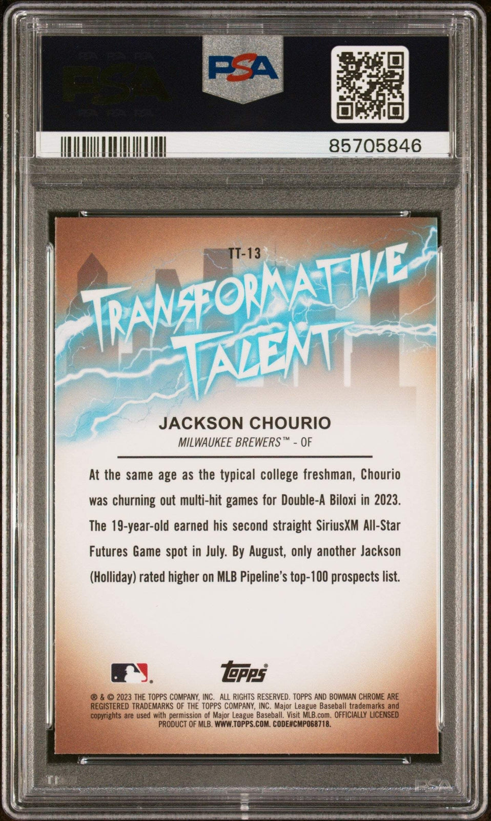 Graded 2023 BWM Draft Jackson Chourio #TT13 Trans Talent RC Baseball Card PSA 10