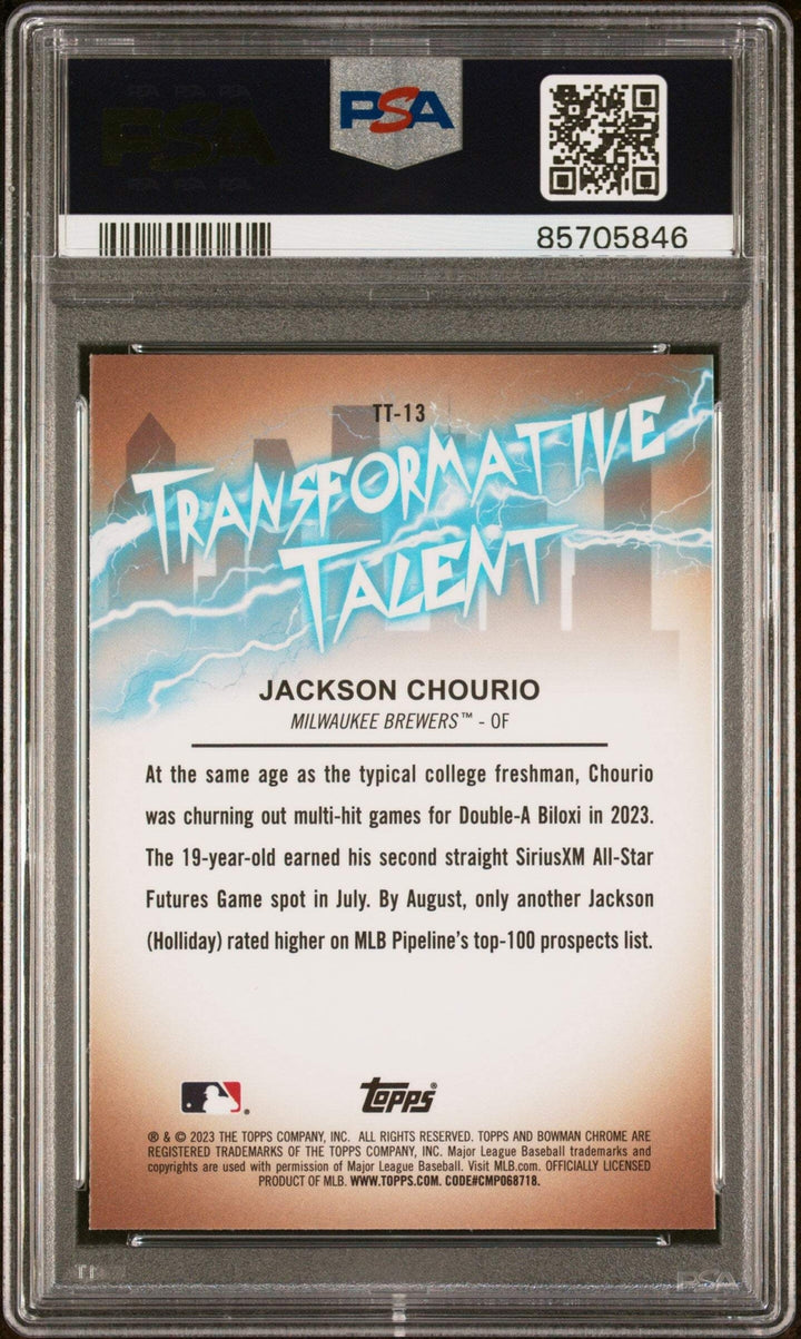 Graded 2023 BWM Draft Jackson Chourio #TT13 Trans Talent RC Baseball Card PSA 10