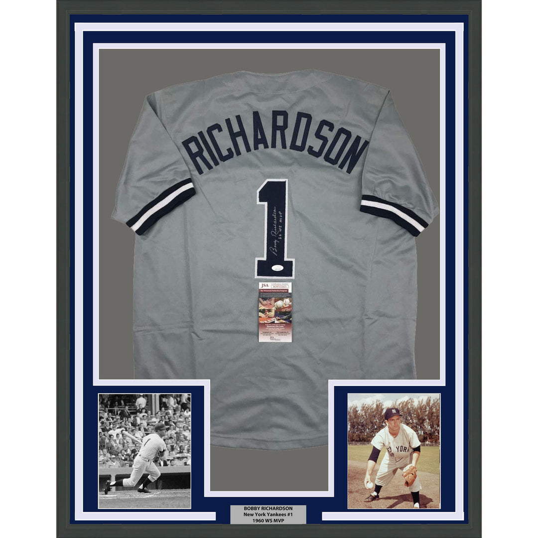 Framed Autographed/Signed Bobby Richardson 35x39 New York Grey Jersey JSA COA