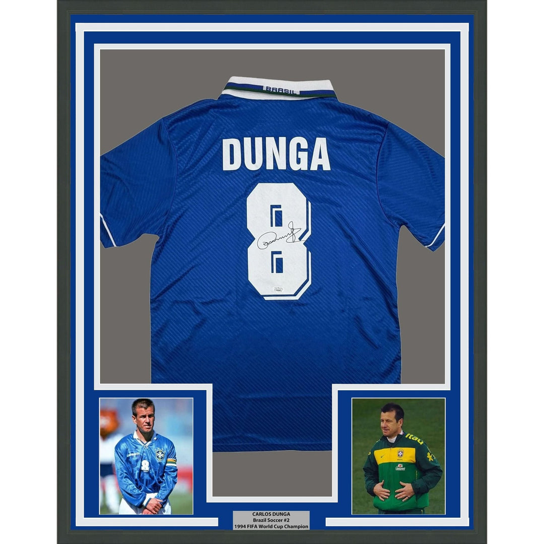 Framed Autographed/Signed Carlos Dunga 35x39 Brazil Blue Jersey Beckett COA