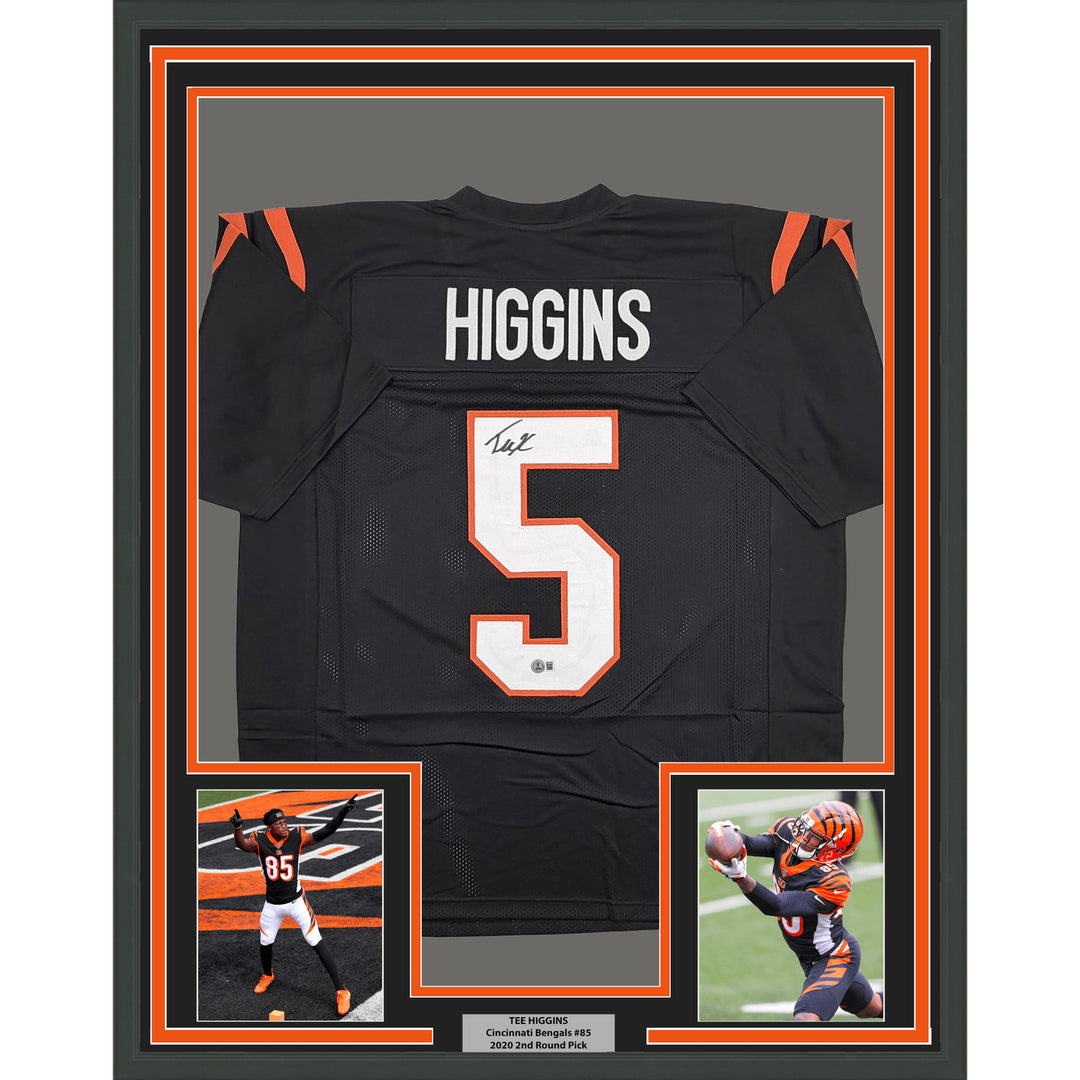 Framed Autographed Tee Higgins Cincinnati Black Football Jersey BAS COA