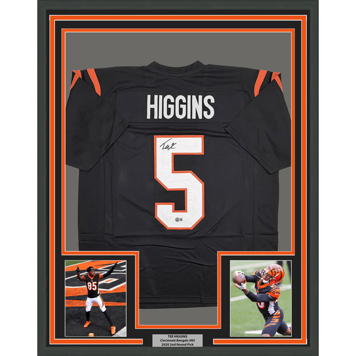 Framed Autographed Tee Higgins Cincinnati Black Football Jersey BAS COA