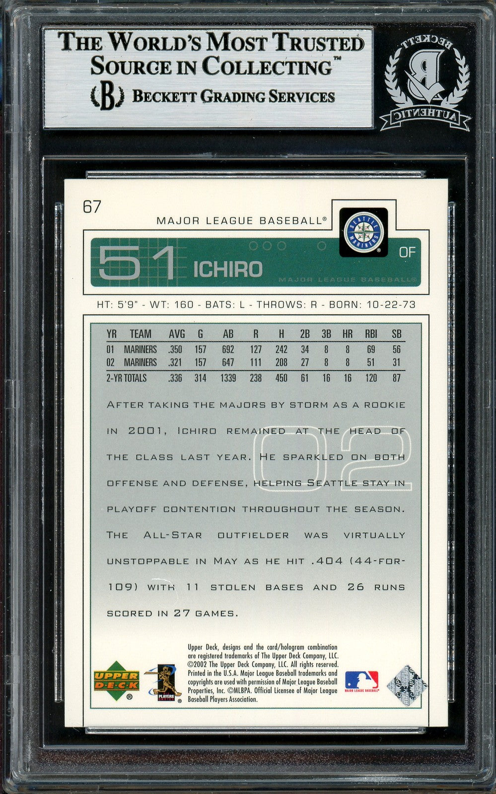 Ichiro Suzuki Signed 2003 Upper Deck Card 67 Seattle Mariners Beckett
