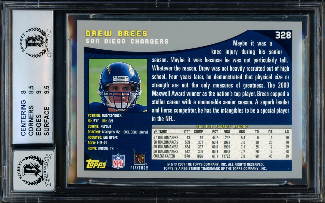Drew Brees Signed 2001 Topps RC 328 Chargers BGS 8.5 Auto GM 10 Beckett