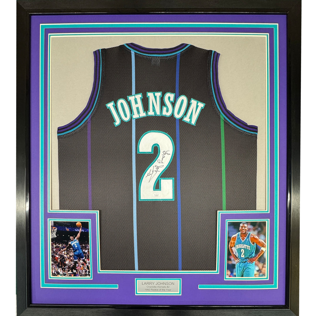 Framed Autographed/Signed Larry Johnson 33x42 Charlotte Black Jersey JSA COA