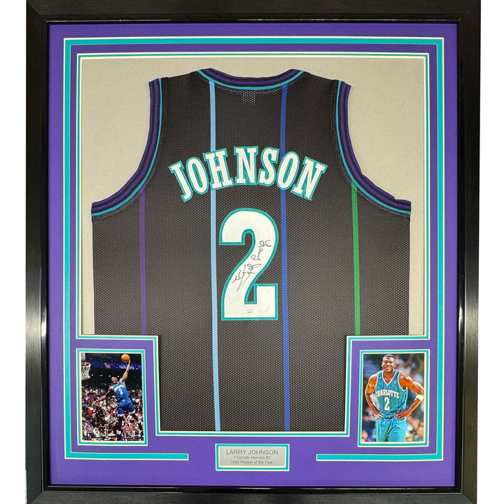 Framed Autographed/Signed Larry Johnson 33x42 Charlotte Black Jersey JSA COA