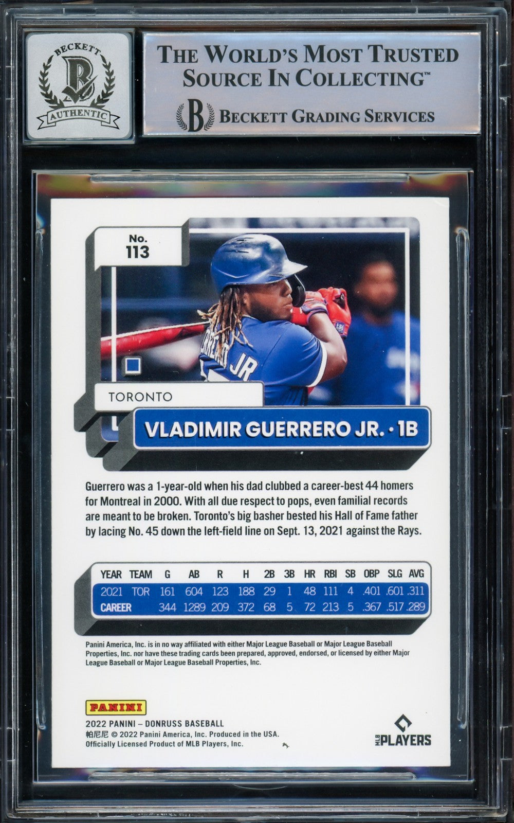 Vladimir Guerrero Jr. Signed 2022 Donruss Card 113 Blue Jays Auto 10 Beckett