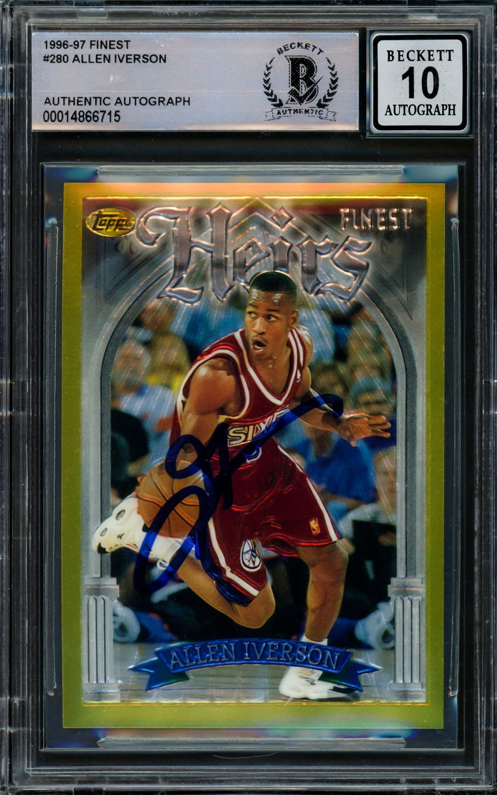 Allen Iverson Signed 1996-97 Topps Finest Gold RC 280 76ers Auto 10 Beckett