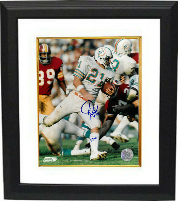 Jim Kiick signed Miami Dolphins 8x10 Photo w/ #21 & 17-0 Insc Custom Framed