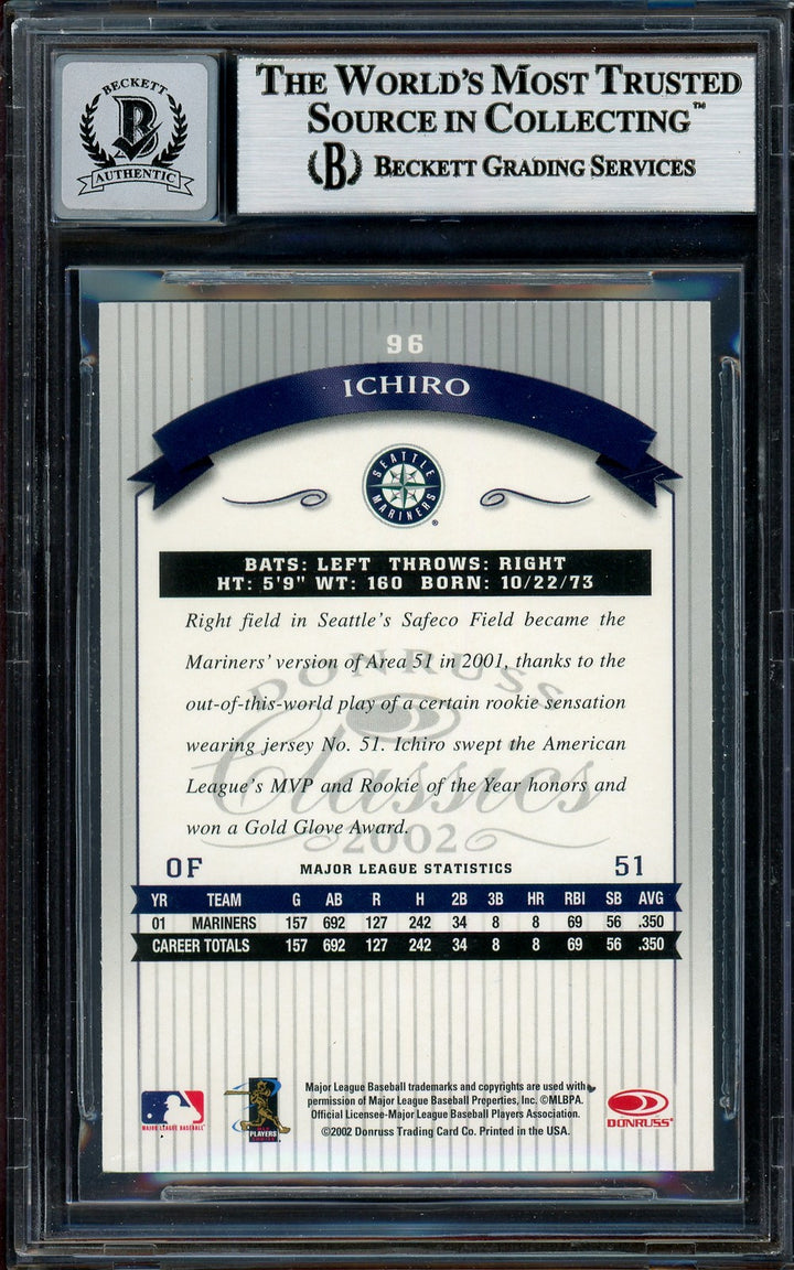 Ichiro Suzuki Signed 2002 Donruss Classics Card 96 Mariners Auto GM 10 Beckett