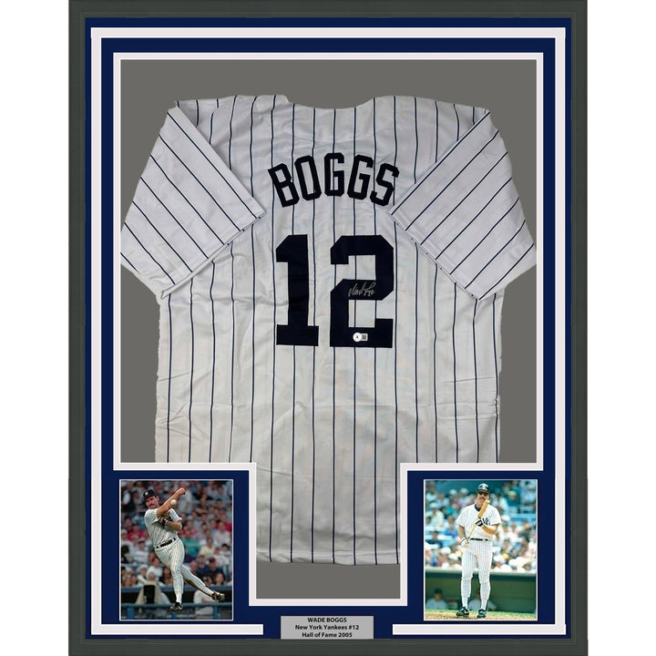 Framed Autographed/Signed Wade Boggs 33x42 New York Pinstripe Jersey COA