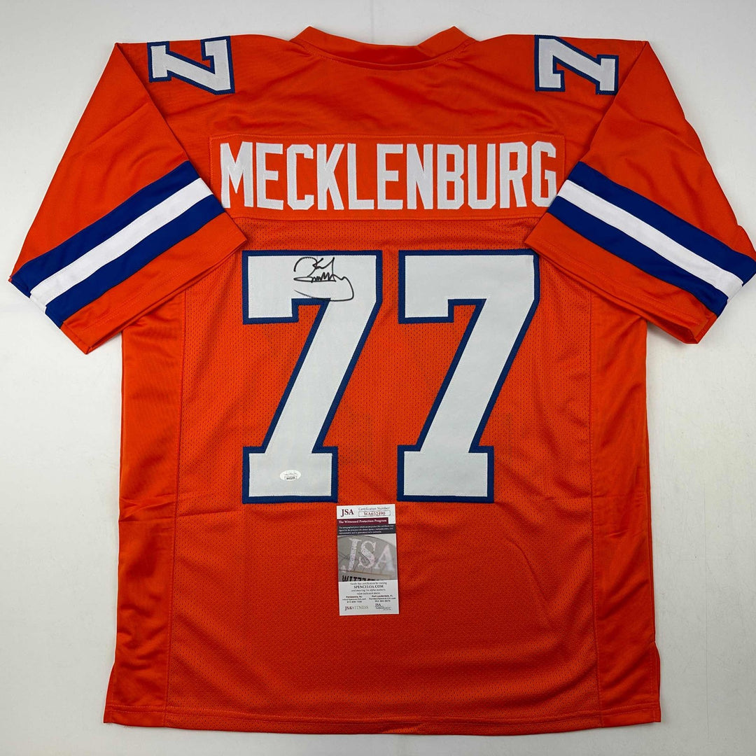 Autographed/Signed Karl Mecklenburg Denver Orange Football Jersey JSA COA